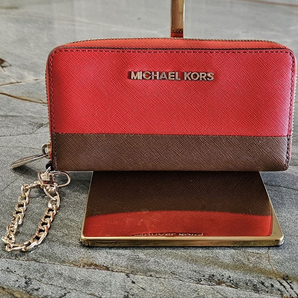 Michael Kors Colorblock Zip Around Wristlet Wallet Orange And Brown